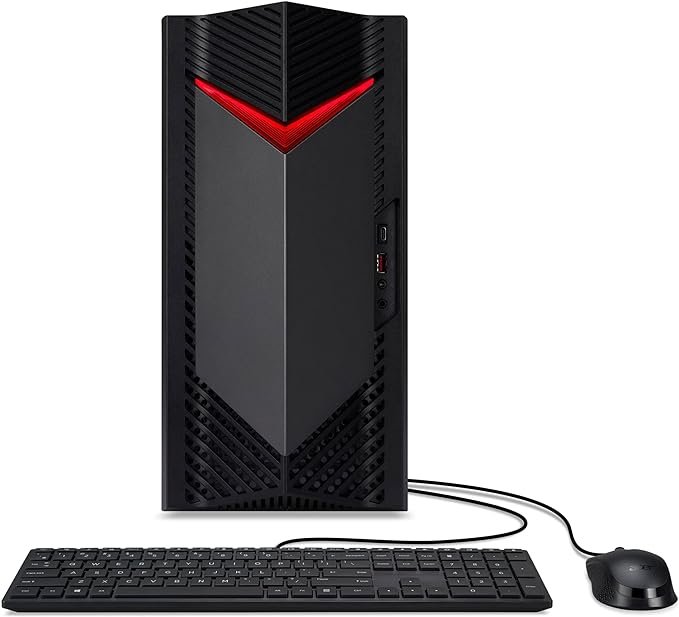 Stylish black ACER NITRO 50 GTX 1650 Nepal gaming laptop with red accents, illuminated keyboard, and an intense action game on the display.