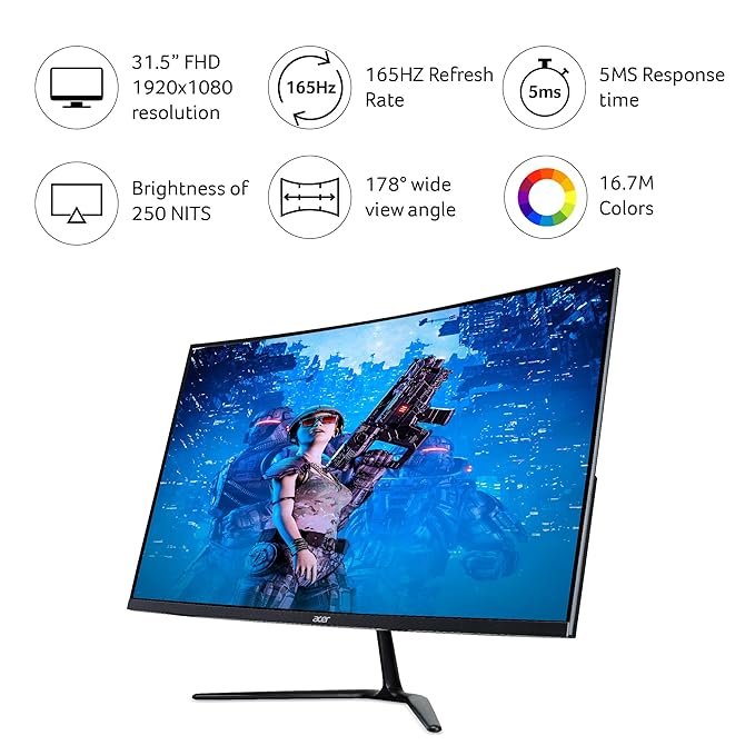 Gamer immersed in a ACER ED320QR curved gaming monitor Nepal monitor displaying a vibrant, action-packed game with smooth, fast-paced movements.