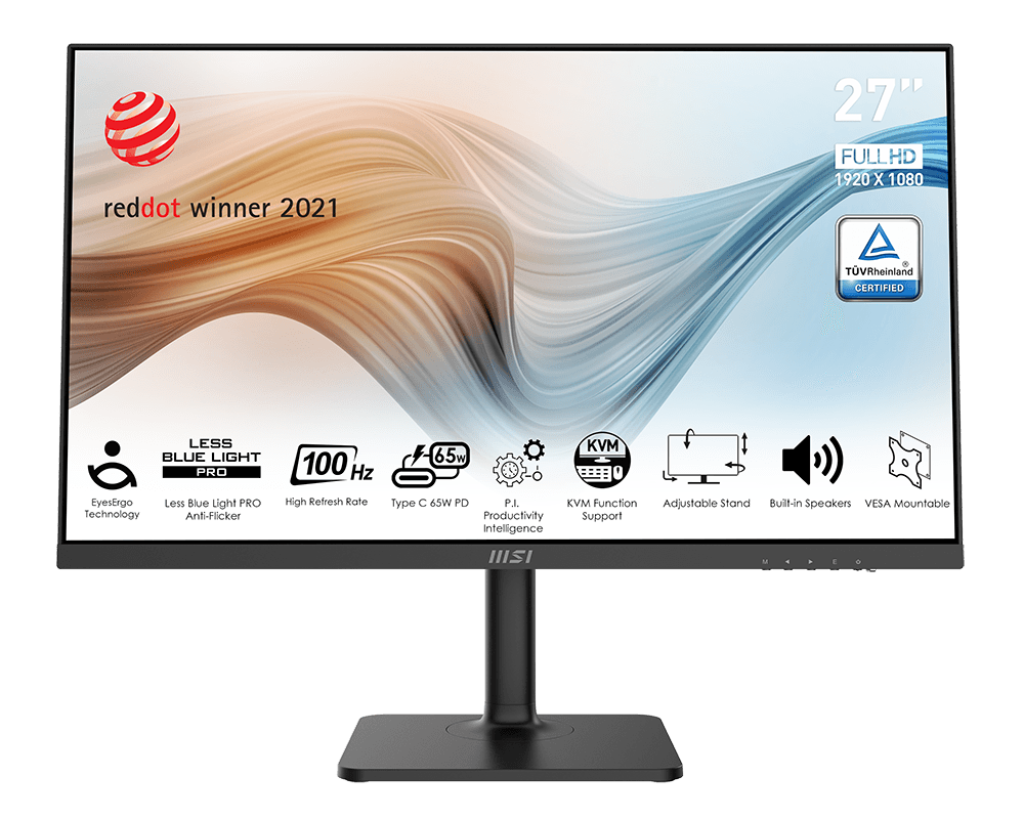 Msi Modern MD272XP 27" Full HD Frameless, IPS Panel, Anti-Glare, 100Hz Refresh Rate, 1ms Response Time, 300cd/m2 nits Brightness, HDR Ready, 8 bits Color, 16.7 million Colors Display, 1000:1 Contrast Ratio, 108% sRGB Color Gamut, 1x DisplayPort (1.2a), 1x HDMI (2.0b), 1x USB Type-C DP (65W Power Delivery), KVM Switch (2x USB Type-B, 1x USB Type-A), 1x Earphone-out, Built in 2x 3W Speaker, 178° Wide Viewing Angle, VESA Mountable, Eyecare (Hardward & Software Solution) | TUV Certified Eye: Eye-Q Check, Anti-Flicker and Less Blue Light technologies, Height Adjustment 0-110mm, Tilt, 30° / 30°Swivel and 90° Pivot/Rotation, Adaptive Sync Support, Compatible for PC, Mac, PS5™, PS4™, Xbox, Mobile, Notebook, 5-way OSD navigation joystick