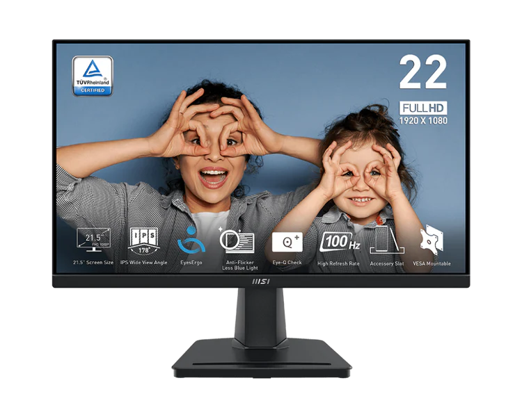 MSI PRO MP225 21.5" Full HD (1920 x 1080) Frameless, IPS Panel, Anti-Glare, 100Hz Refresh Rate, 1ms Response Time, 250cd/m² nits Brightness, 8 bits Color, 16.7 M Colors Display, 1300:1 Contrast Ratio, 107.39% sRGB Color Gamut, 1x HDMI (1.4b), 1x VGA Port, 1x Earphone-out, 178° Wide Viewing Angle, VESA Mountable, TUV Certified Eye Care: Anti-Flicker and Less Blue Light technology, Adaptive Sync Support, Compatible for PC, Mac, PS5™, PS4™, Xbox, Mobile, Notebook Monitor 