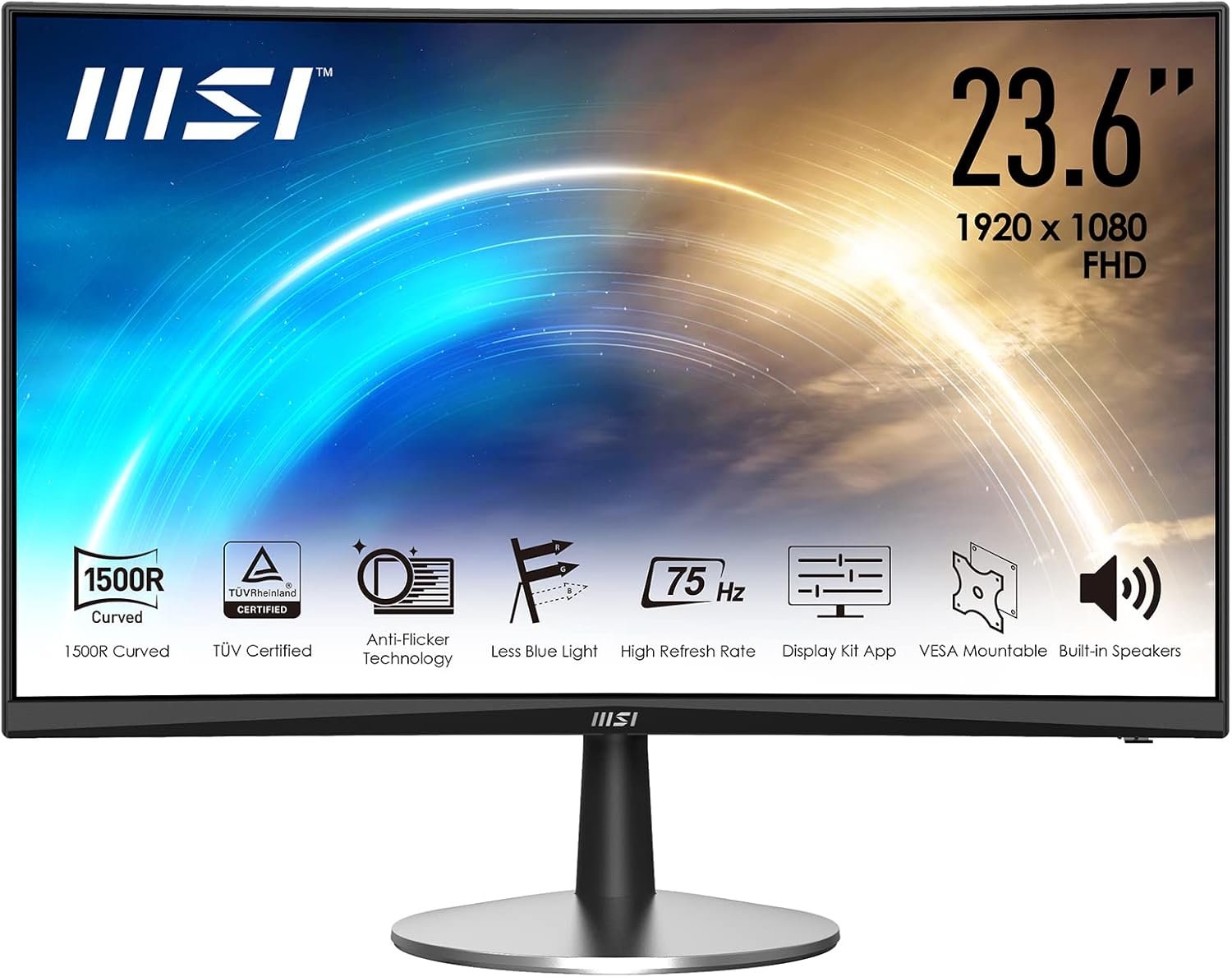MSI PRO MP242C Monitor TUV Certified Eye Care Monitor, Borderless 23.8" VA Curved Panel, 1500R Curvature, Full HD (1920*1080), Anti Glare, 75Hz, 1ms Response Time, 250cd/m2 , 1x HDMI(1.4); 1x VGA, 1x Line in, 1 x Head Contrast Ratio 3000:1 Native, SRGB 112%, Color: 6 bits + FRC, 2 X 2W Built In Speaker, Tilt and Vesa Option, The MSI exclusive software Display Kit provides the most convenient tool, the proper display & color mode for you while learning with it everyday