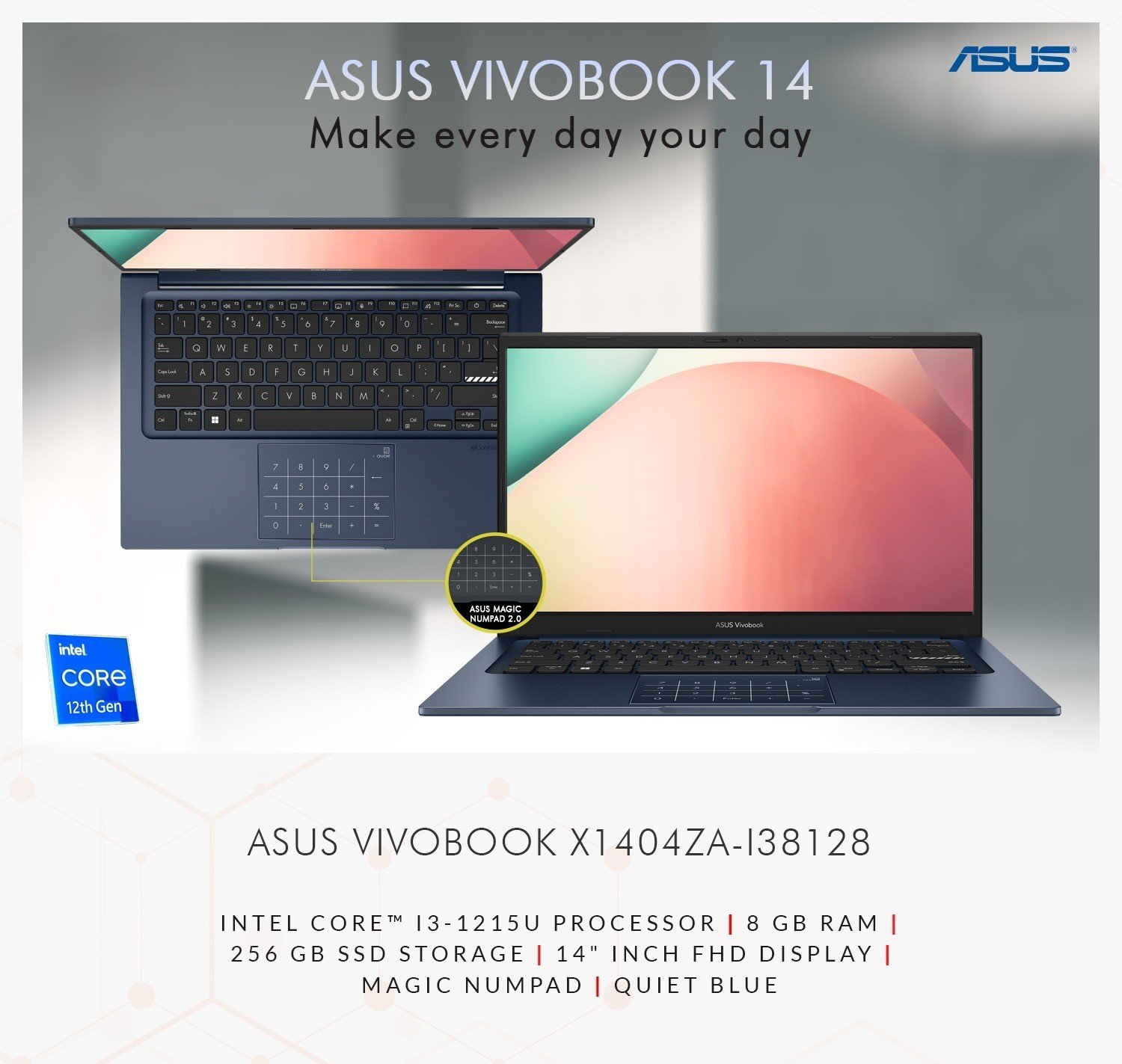 ASUS VIVOBOOK X1404ZA-138128 INTEL CORE™ I3-1215U i3 12th Gen PROCESSOR | 8 GB RAM | 256 GB SSD STORAGE | 14" INCH FHD DISPLAY | MAGIC NUMPAD | QUIET BLUE